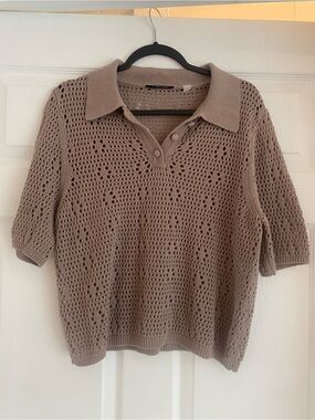 T Tahari Open-Knit Polo Sweater Top - Taupe